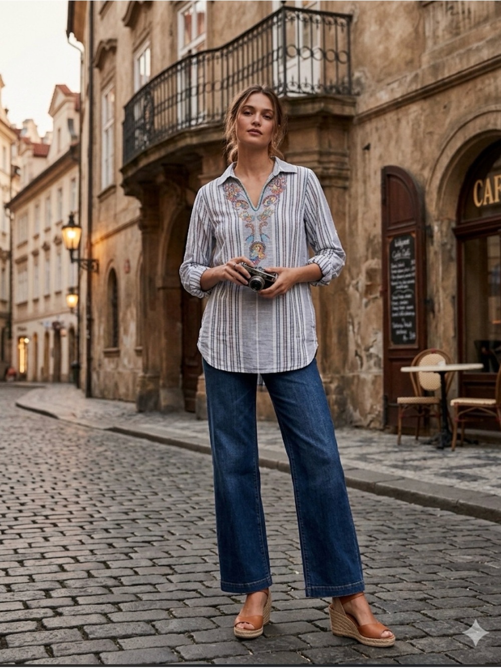 Soft Surroundings Floral Stripped Embroidered Tunic Blouse